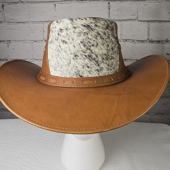 Tan Leather Cowboy Hat With Real Cowhide Hair Inset Euc - Picture 5 of 9